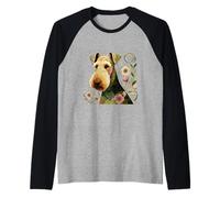 Artful Airedale Terrier: Whimsical Floral Dog Illustration Raglan Baseball Tee