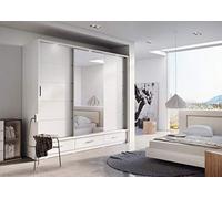 Arthauss Modern Bedroom Mirrored Sliding Door Wardrobe ARTI 1 in White Matt 250cm - Flat Pack Mirrored Wardrobe with Hanging Rails and Spacious Drawers - Ideal for Compact Spaces