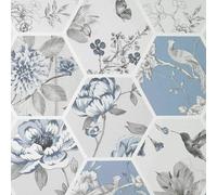 Arthouse Chinoise Decoupage Blue Birds Floral Geometric Patchwork Wallpaper