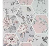 Arthouse Chinoise Decoupage Pink Grey Geometric Birds Floral Patchwork Wallpaper 908904