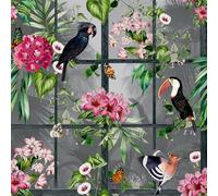 Arthouse Cuban Tropicana Wallpaper Tropical Birds Flowers Windows - Multi/Grey 924408