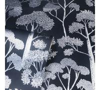 Arthouse Delamere Navy Blue Metallic Silver Tree Leaves Forest Wallpaper