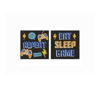 Arthouse Eat Sleep Game Repeat Black & Blue Canvas Art, Set Of 2 (H)30Cm X (W)30Cm