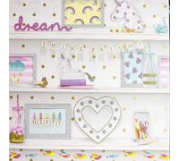 Arthouse Girls Life Glitter Bookshelf Pink White Wallpaper Polka Dot Heart, Unicorn, Bird, Rainbow 696004