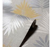 Linen Palm Ochre and Grey Wallpaper White Metallic Arthouse