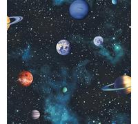 Arthouse Kids Cosmos Space Planets Charcoal Gray Wallpaper - Twinkling Stars on a Midnight Background with Green Accents - Amazing 3D Effect - Ideal for Teenager Bedroom - 668100