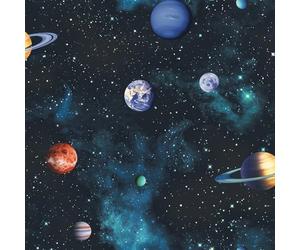 Arthouse Kids Cosmos Space Planets Charcoal Gray Wallpaper - Twinkling Stars on a Midnight Background with Green Accents - Amazing 3D Effect - Ideal for Teenager Bedroom - 668100