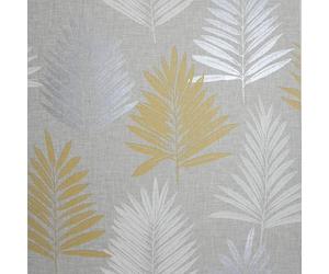 Arthouse | Linen Palm Ochre/Grey Wallpaper | Contemporary Leaf Design in Ochre, Silver, and White | Textured Linen Effect Background | Stylish Feature Wall Wallpaper | 1005 x 53cm