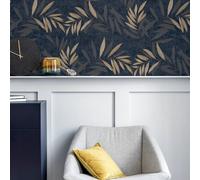 Arthouse Luxury Leaf Navy Champagne Wallpaper