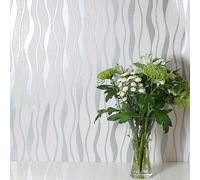 Arthouse | Metallic Wave White/Silver Wallpaper | Elegant Metallic & Glitter Design | Modern Vertical Pattern for Feature Walls | Easy Paste The Paper Application | 1005 x 53 cm
