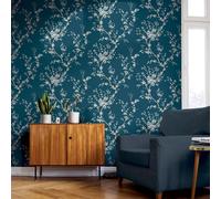 Oriental Glitter Blossom Flower Trail Blue White Teal Trendy Wallpaper 692805