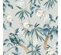 Oriental Floral Birds Wallpaper - Grey Blue
