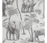 Arthouse Safari Elephant Charcoal Wallpaper - Playful, Quirky Design - Artistic Elephant Effect on a Contrasting Background - On-Trend Palm Print - Vinyl for Durability - 53 cm x 10.05 m Roll - 296700