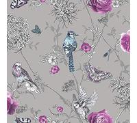Arthouse Silver Pink Blue Paradise Garden Wallpaper - Beautiful Birds Butterflies & Flowered Branches - Shimmery Background - Metallic Effects & Glitter Gel - Living Spaces & Feature Walls - 692403