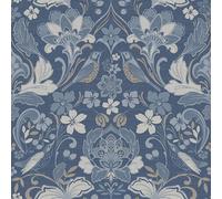 Arthouse Traditional Folk Floral Trail Denim Blue Birds Flowers Leaves Wallpaper