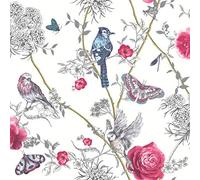 Arthouse White Wallpaper - Birds, Butterflies & Flowered Branches - Paradise Garden - Shimmery Background - Metallic Effects - Living Spaces & Feature Walls, 53 cm x 10.05 m Roll - 692405