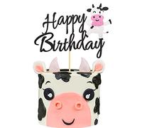 Arthsdite 1 PC Cow Happy Birthday Cake Topper - Farm Animals Birthday Cake Pick Decorations - Black Glitter