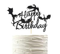 Arthsdite 1 Pc Dragon Happy Birthday Cake Topper Pick Decoration for Theme Party Supplies - Black Glitter