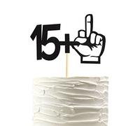 Arthsdite 15+1 Middle Finger Black Glitter Cake Topper - 16th Birthday Party Decorations - Funny Sixteen Years Old Birthday Party Supplies
