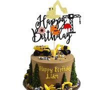 Arthsdite 1Pc Construction Happy Birthday Cake Topper Construction Cake Pick Dump Truck Excavator Tractor Cake Decorations for Construction Theme Baby Shower Kids Birthday Party Supplies - Black