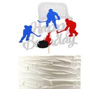 Arthsdite 1Pc Ice Hockey Cake Topper Happy Birthday Sign Sport Cake Decorations Puck Theme for Kids Girl Boy Man Women Birthday Party Supplies - Sliver Glitter
