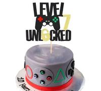Arthsdite 1Pc Level 7th Unlocked Sign Cake Topper Happy 7th Birthday Level Up Seventh Cake Decorations for Video Game Controller Themed Kids Boy Girl Bday Party Supplies