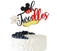 Arthsdite 1Pc Mick Mouse Inspired Oh Twodles Cake Topper for Boys, Black Gold Red Glitter Mouse 2nd Birthday Cake Topper for Second Birthday Party Decorations Supplies