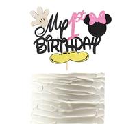 Arthsdite 1Pc Mini Mouse My 1st Birthday Cake Topper, Black Pink Glitter One Cake Decor, Cute Topper for Girl, Movie Character Themed First Birthday Party Decoration