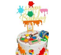 Arthsdite 1Pc Painting Cake Topper Painter Art Themed Slime Happy Birthday Cake Decoration for Gils Boys Birthday Bday Party Supplies - Gold Glitter