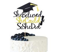 Arthsdite 1Pc She Believed She Could So She Did Cake Topper with Grad Cap Cake Pick Class of 2025 Senior Graduation Cake Decoration for 2025 Graduation Theme Party Decorations - Black Gold Gliiter