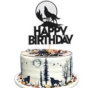 Arthsdite 1Pc Wolf Happy Birthday Cake Topper - Timberwolf Howl Glitter Full Moon Cake Picks - Jungle Wild Animal Party Decoration, Black