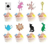 Arthsdite 24 Pcs Alice In Wonderland Cupcake Toppers Glitter Teapot Key Poker Rabbit Cat Flower Fairy Eat Me Cupcake Picks Tea Party Cake Decorations for Baby shower
