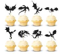 Arthsdite 24 Pcs Dragon Cupcake Toppers Cake Picks Cool Dinosaur Cupcake Topper for Dragon Themed Party Kids Birthday Party Christmas Fantasy Themed Party Decoration Baby Shower - Black Glitter