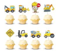 Arthsdite 24pcs Construction Cupcake Toppers Stop Sign Dump Truck Excavator Tractor Party Cake Food Picks Decorations for Construction Theme Baby Shower Kids Birthday Party Supplies