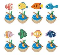 Arthsdite 24pcs Fish Cupcake Toppers Go Fishing Theme Decorations Baby Shower Boys Girls Happy Birthday Party Tropical Party Cake Picks Under The Sea Decoration Supplies