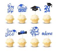 Arthsdite 24Pcs Graduation Cupcake Toppers Class of 2024 Congrats Grad Cap So Proud of You Way to Go You Did It Diploma Cupcake Picks for Graduation Party Decorations - Blue and Black Glitter, Small