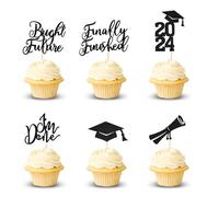 Arthsdite 24Pcs Graduation Cupcake Toppers Class Of 2024 Cupcake Toppers Bright Future Finally Finished I'm Done Graduation Cupcake Picks for Graduation Party Decorations - Black Glitter
