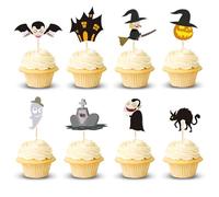 Arthsdite 24Pcs Halloween Cupcake Toppers Witch Bat Pumpkin Ghost Cat Cupcake Picks RIP Castle Little Boo Baby Shower Birthday Halloween Themed Party Cake Decorations Supplies