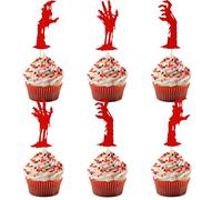 Arthsdite 24pcs Halloween Zombie Hand Cupcake Toppers Picks Glitter Black and Red Blood Hand Cupcake Decorations for Halloween Theme Gender Reveal Decoration Party Supply