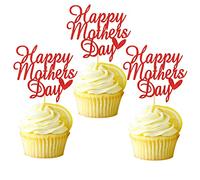 Arthsdite 24pcs Happy Mothers Day Cupcake Toppers Mom Cupcake Picks Love Mum Cake Decoration Party Supplies for Mother's Day Party Decorations Supply- Red Glitter