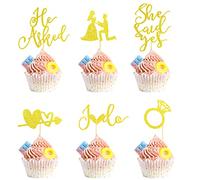 Arthsdite 24Pcs He Asked She Said Yes Cupcake Toppers Diamond Ring Heart I Do Cake Picks for Wedding Engagement Bridal Shower Party Cake Decorations - Gold Glitter