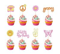 Arthsdite 24Pcs Hippie Party Happy Birthday Cupcake Toppers Glitter 60s Retro Boho Dasiy Flower Sun Peace Sign Hand Two Groovy Cupcake Picks for Hippie Retro Theme Birthday Party Cake Decorations