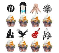 Arthsdite 24Pcs Horror Wednesday Addams Cupcake Toppers Thing Hand Black Eagle I Hate People Cobweb Castle Girl Addams Family Cupcake Picks for Fantasy Wednesday Birthday Party Cake Decorations