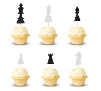Arthsdite 24pcs International Chess Cupcake Toppers Baby Shower Board Game Theme Decor Supplies Boys Girls Happy Birthday Cake Decorations Supplies - Black Silver Glitter
