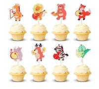 Arthsdite 24Pcs Jungle Animals with Musical Instrument Cupcake Toppers Lion Bear Fox Zebra Cupcake Picks Tropical Leaves Cake Party Decorations