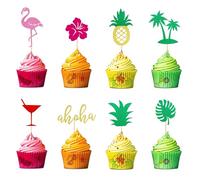Arthsdite 24Pcs Tropical Cupcake Toppers Leaf Pineapple Flower Palm Tree Flamingo Cupcake Picks Aloha Cake Decorations for Summer Hawaiian Luau Theme Baby Shower Birthday Wedding Party Supplies