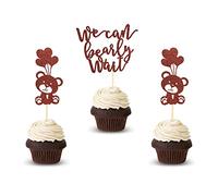 Arthsdite 24Pcs We Can Bearly Wait Cupcake Toppers Balloon Bear Cupcake Picks for Gender Reveal Baby Bear Theme Baby Shower Kids Birthday Party Cake Decorations Supplies - Brown Glitter