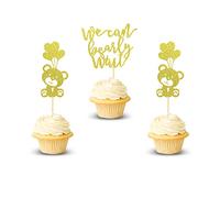 Arthsdite 24Pcs We Can Bearly Wait Cupcake Toppers Balloon Bear Cupcake Picks for Gender Reveal Baby Bear Theme Baby Shower Kids Birthday Party Cake Decorations Supplies - Gold Glitter