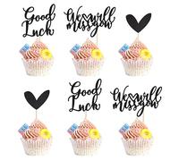 Arthsdite 24Pcs We Will Miss You Cupcake Toppers Glitter Red Love Heart Good Luck Cupcake Picks Retirement Theme Going Away Party Cake Decorations - Black Glitter