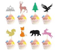 Arthsdite 24Pcs Woodland Creatures Theme Cupcake Toppers Tree Mountain Deer Bear Rabbit Squirrel Fox Cupcake Picks Safari Jungle Animals Theme Baby Shower Birthday Party Cake Decorations Supplies